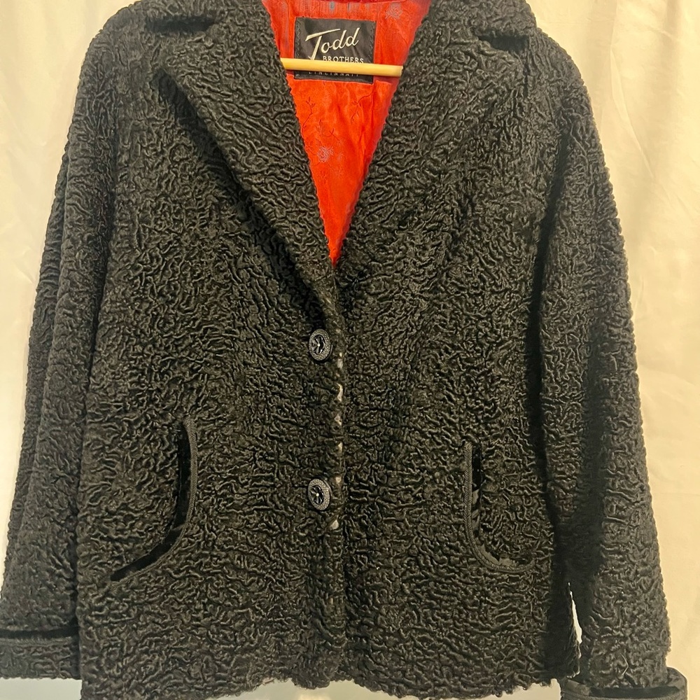 Black Persian Lamb Fur Jacket with Velvet Trim from Todd Brothers